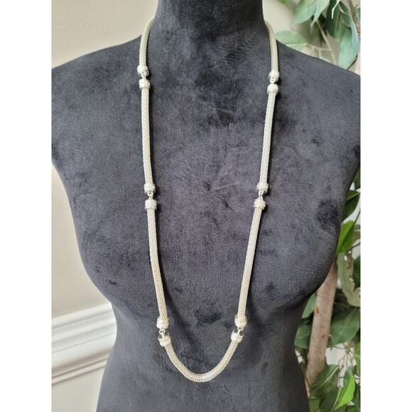 Women's Long Silver Mesh Necklace with Lobster Clasp Elegant Textured Chain - Picture 2 of 7